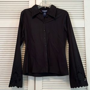 Black Lace Collar/Bell Sleeve Button Down Shirt Blouse